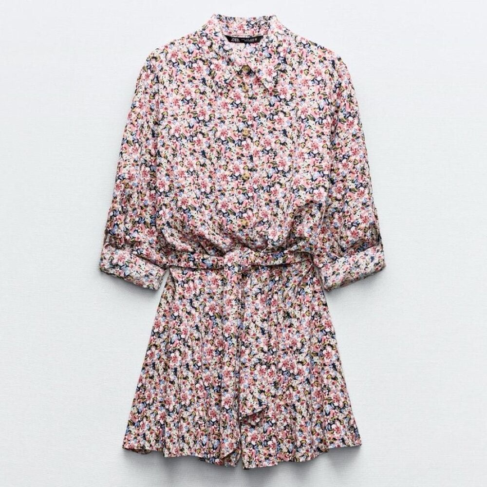 ZARA Romper floral with tie waist Size M Coquette Preppy Resortwear NWOT Boho